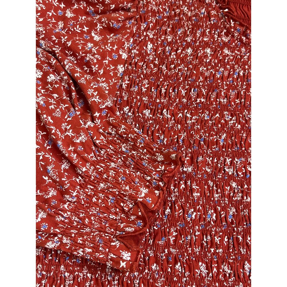 Veronica Beard Red Floral Smocked Puff-Sleeve Top - Picture 3 of 12